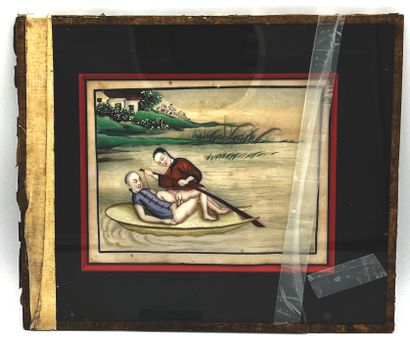 CHINE, Canton - Fin XIXe siècle Two gouaches on rice paper, one with a couple on...