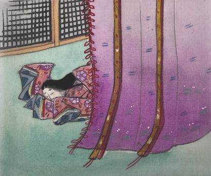 JAPON - Epoque MEIJI (1868 - 1912) Quatre encres et couleurs sur soie, un couple...