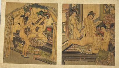 CHINE - Vers 1900 Album of twelve color inks on silk illustrating mixed couples in...