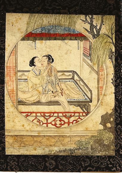 CHINE - XIXe siècle Series of five inks and colors on silk, decorated with two naked...