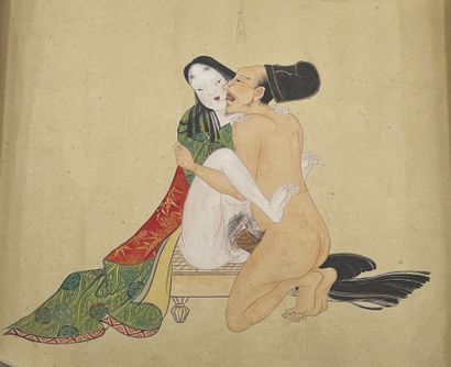 JAPON - XIXE SIÈCLE Rouleau, encre et couleurs sur papier à décor de scènes érotiques...