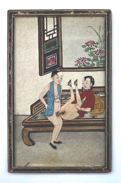 CHINE - Début XXe siècle Twelve erotic scenes in paper and folded fabrics, decorated...