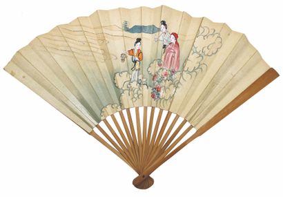 CHINE - Début XXe siècle Paper fan decorated with young women, man and servant on...