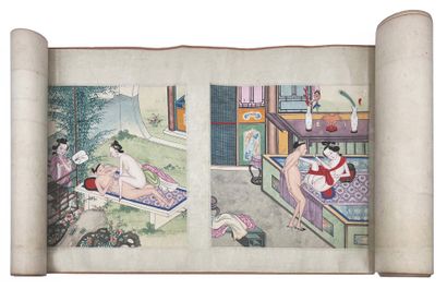 CHINE - XIXe siècle Rouleau encre et couleurs sur papier, à décor de douze scènes...