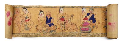 CHINE - Début XXe siècle Printed and enhanced scroll decorated with eight scenes...