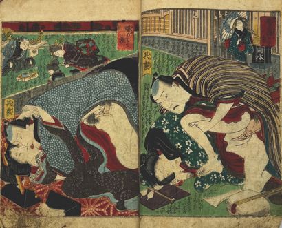 JAPON - MILIEU XIXe SIÈCLE Album de trente pages dont quatorze illustrations en couleurs,...