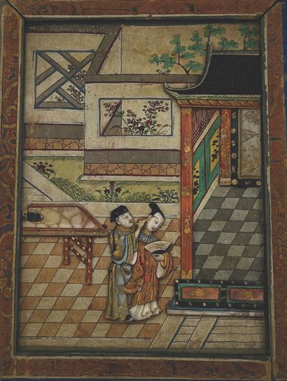 CHINE - XVIIIe siècle Box comprising six panels in cardboard, painted silk, hard...