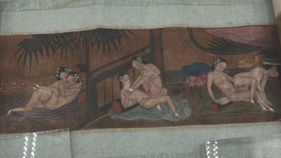 CHINE - Vers 1900 Scroll, ink and colors on silk, ten interior scenes representing...