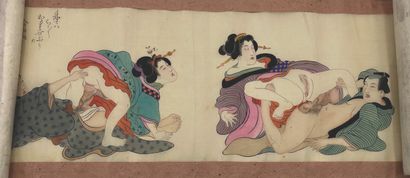JAPON - Epoque MEIJI (1868 - 1912) Ink on silk, seven couples with expressive faces,...
