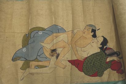 JAPON - Epoque EDO (1603 - 1868), XIXe siècle Scroll, ink on paper, illustrating...