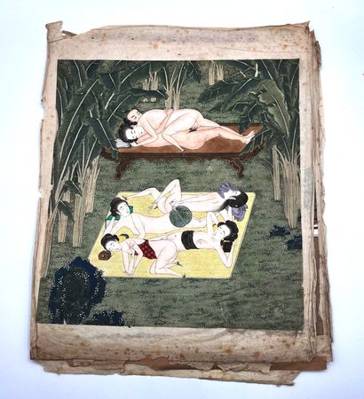 CHINE - XIXe siècle Series of eight images, ink and colors on paper, couples playing...