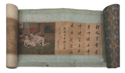 CHINE - Vers 1900 Scroll, ink and colors on silk, ten interior scenes representing...