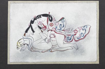 JAPON - Epoque MEIJI (1868 - 1912) Fan on paper with erotic scenes
H_21,5 cm L_(unfolded)...