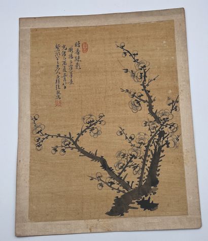 CHINE - Début XXe siècle Deux feuilles d'album, encre sur papier, pruniers en fleurs.
Signatures...