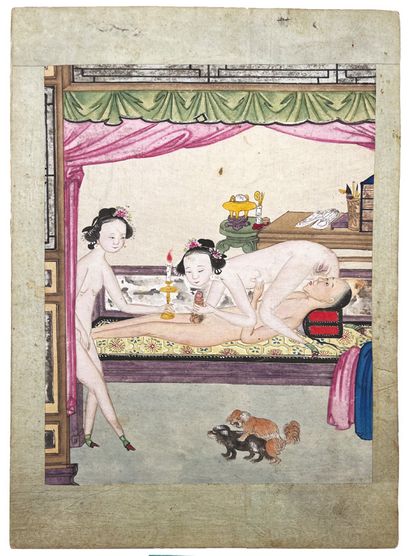 CHINE - XIXe siècle Two pages, ink and colors on paper, illustrating scenes of interiors...