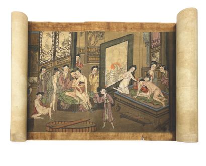 CHINE - Vers 1900 Rouleau à l'encre polychrome sur soie, soixante-douze personnages...