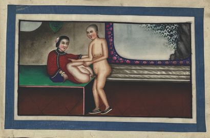 CHINE, Canton - XIXe siècle Album of twelve gouaches on rice paper illustrating couples,...