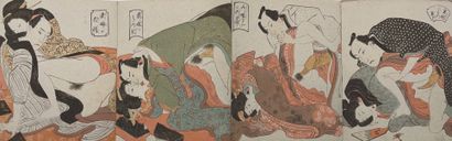 JAPON - Vers 1900 Album accordéon, treize lithographies, une scène de jeunes femmes...