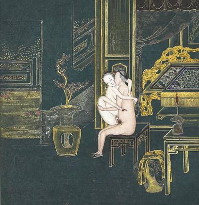 CHINE - Début XIXe siècle Album of ten ink, color and gold illustrations on green...