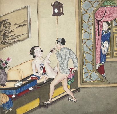 CHINE - XIXe siècle Series of nine inks and colors on paper of couples mating in...