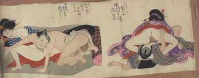 JAPON - Epoque MEIJI (1868 - 1912) Ink on silk, seven couples with expressive faces,...