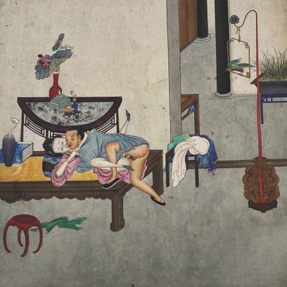 CHINE - XIXe siècle Album de huit encres et couleurs sur papier de scènes d'intérieurs,...