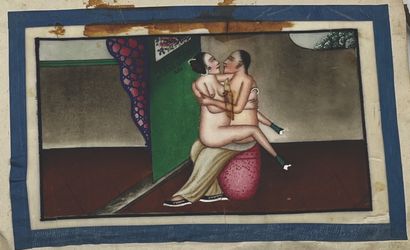 CHINE, Canton - XIXe siècle Album of twelve gouaches on rice paper illustrating couples,...