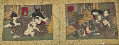JAPON - Début XXe siècle Accordion album, ten inks on silk, couples mating in interiors.
H_14,5...