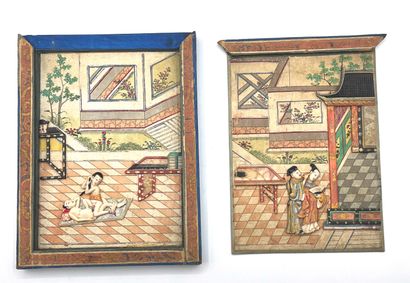 CHINE - XVIIIe siècle Box comprising six panels in cardboard, painted silk, hard...