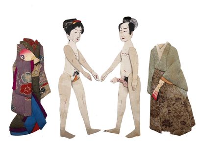 JAPON - Epoque MEIJI (1868 - 1912) Couple de marionnettes en papier, les vêtements...