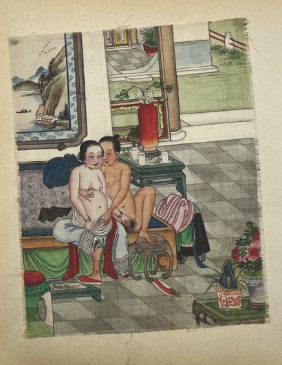 CHINE - Fin XIXe siècle Deux pages d'album, encre sur soie, deux couples, dont une...