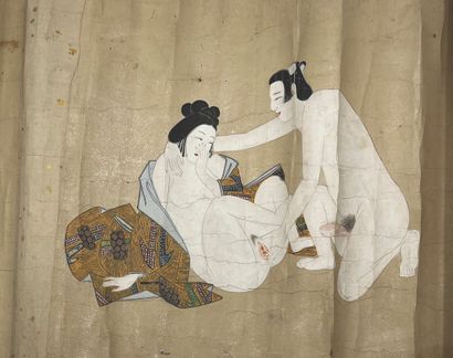 JAPON - Epoque EDO (1603 - 1868), XVIIIe siècle Rouleau, encre polychrome sur papier,...
