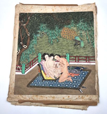 CHINE - XIXe siècle Series of eight images, ink and colors on paper, couples playing...