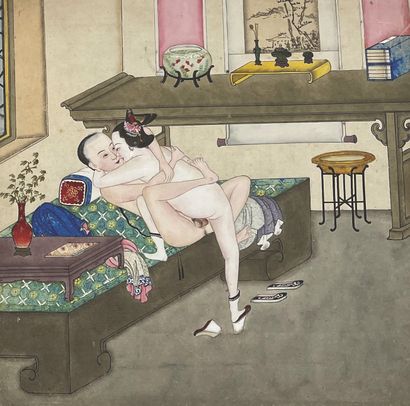 CHINE - XIXe siècle Série de neuf encres et couleurs sur papier de couples s'acoquinant...