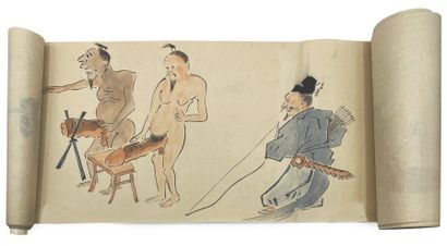 JAPON - Epoque EDO (1603 - 1868), XIXe siècle Rouleau, encre polychrome sur papier,...