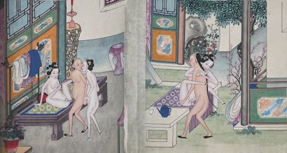 CHINE - XIXe siècle Rouleau encre et couleurs sur papier, à décor de douze scènes...