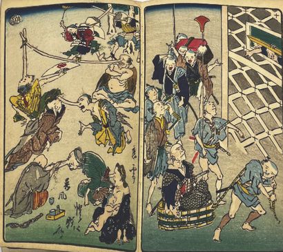 JAPON - MILIEU XIXe SIÈCLE Accordion album, sixteen caricatured scenes, representing...
