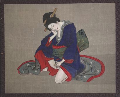 JAPON - Epoque MEIJI (1868 - 1912) Album en accordéon, sept encres et couleurs sur...