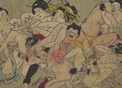 JAPON - Epoque MEIJI (1868 - 1912) Thirty-four pages cut out, illustrating erotic...