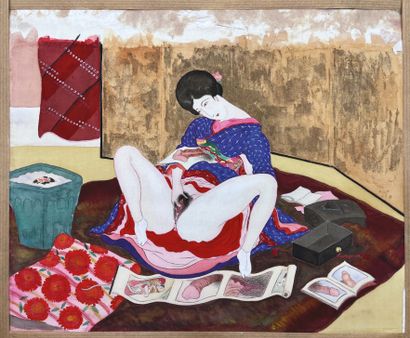 JAPON - Début XXe siècle Two inks and colors on silk, young woman with spread thighs...