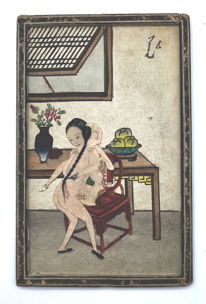 CHINE - Début XXe siècle Twelve erotic scenes in paper and folded fabrics, decorated...