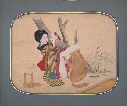 JAPON - Epoque MEIJI (1868 - 1912) Onze dessins sur papier à décor de scènes érotiques...
