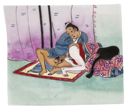 JAPON - Epoque MEIJI (1868 - 1912) Quatre encres et couleurs sur soie, un couple...