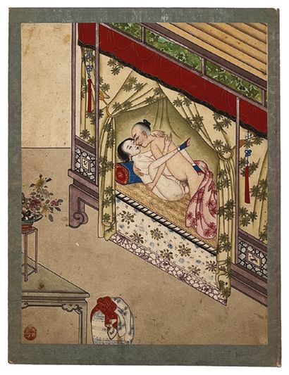 CHINE - Début XXe siècle Two album pages, polychrome ink on silk, two couples in...