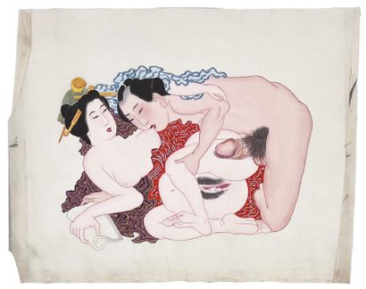 JAPON - Epoque MEIJI (1868 - 1912) Deux encres sur soie, couples dénudés s'acoquinant.
H_20...