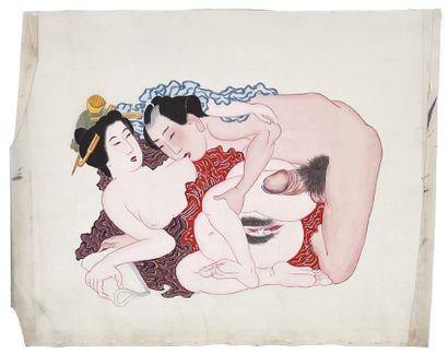 JAPON - Epoque MEIJI (1868 - 1912) Two inks on silk, naked couples mating.
H_20 cm...