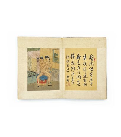 CHINE - Fin XIXe siècle Album accordéon, douze encres sur soie avec poèmes sur papier,...