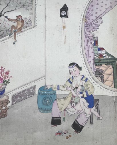 CHINE - XIXe siècle Album accordéon, vingt-quatre encres sur soie, illustrant des...