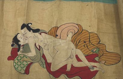 JAPON - Epoque EDO (1603 - 1868), XIXe siècle Rouleau, encre sur papier, illustrant...