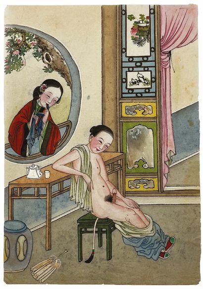 CHINE - Fin XIXe siècle Deux pages d'album, encre sur soie, deux couples, dont une...